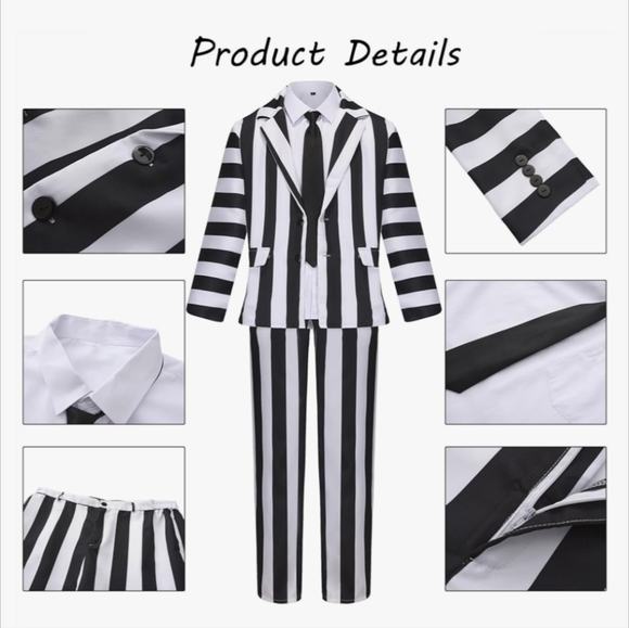 Men's BEETLEJUICE BEETLEJUICE BEETLEJUICE Cosplay Halloween Suit and WIG, XL - Picture 2 of 11